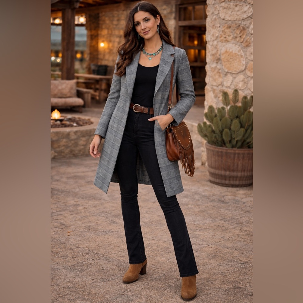 Gray Plaid Duster lightweight Coat Neutral Polished Western business Chic